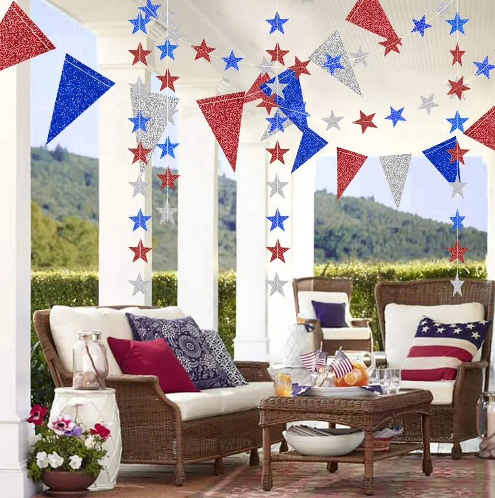 4th Fourth of July Glitter Red Blue Silver White Star Triangle Garland Banner For USA America Independence Day Celebration Decor