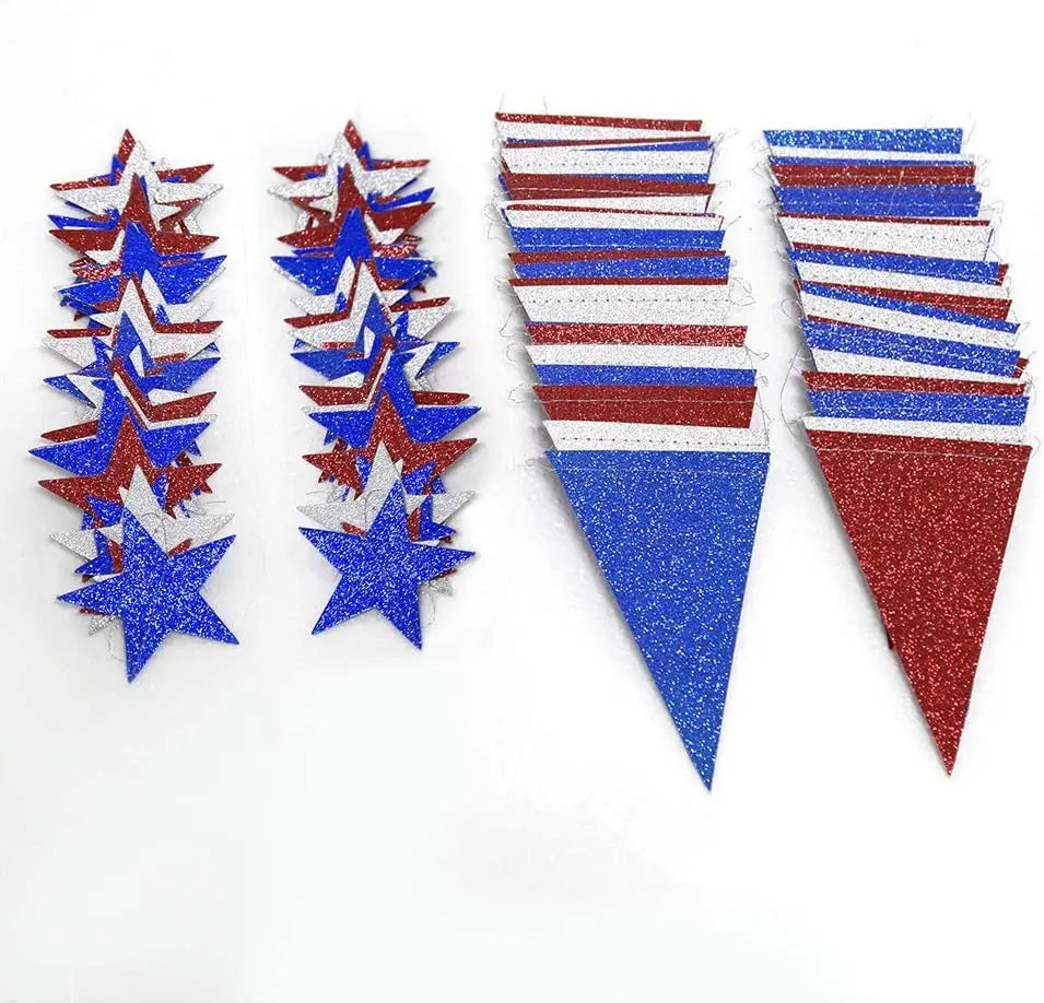 4th Fourth of July Glitter Red Blue Silver White Star Triangle Garland Banner For USA America Independence Day Celebration Decor
