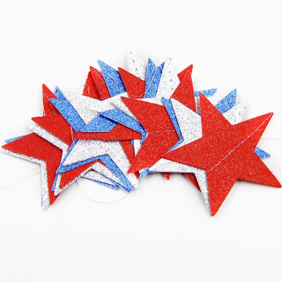 4th Fourth of July Glitter Red Blue Silver White Star Triangle Garland Banner For USA America Independence Day Celebration Decor