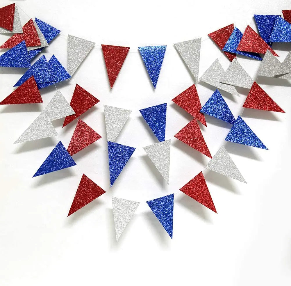 4th Fourth of July Glitter Red Blue Silver White Star Triangle Garland Banner For USA America Independence Day Celebration Decor