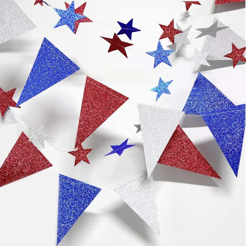 4th Fourth of July Glitter Red Blue Silver White Star Triangle Garland Banner For USA America Independence Day Celebration Decor