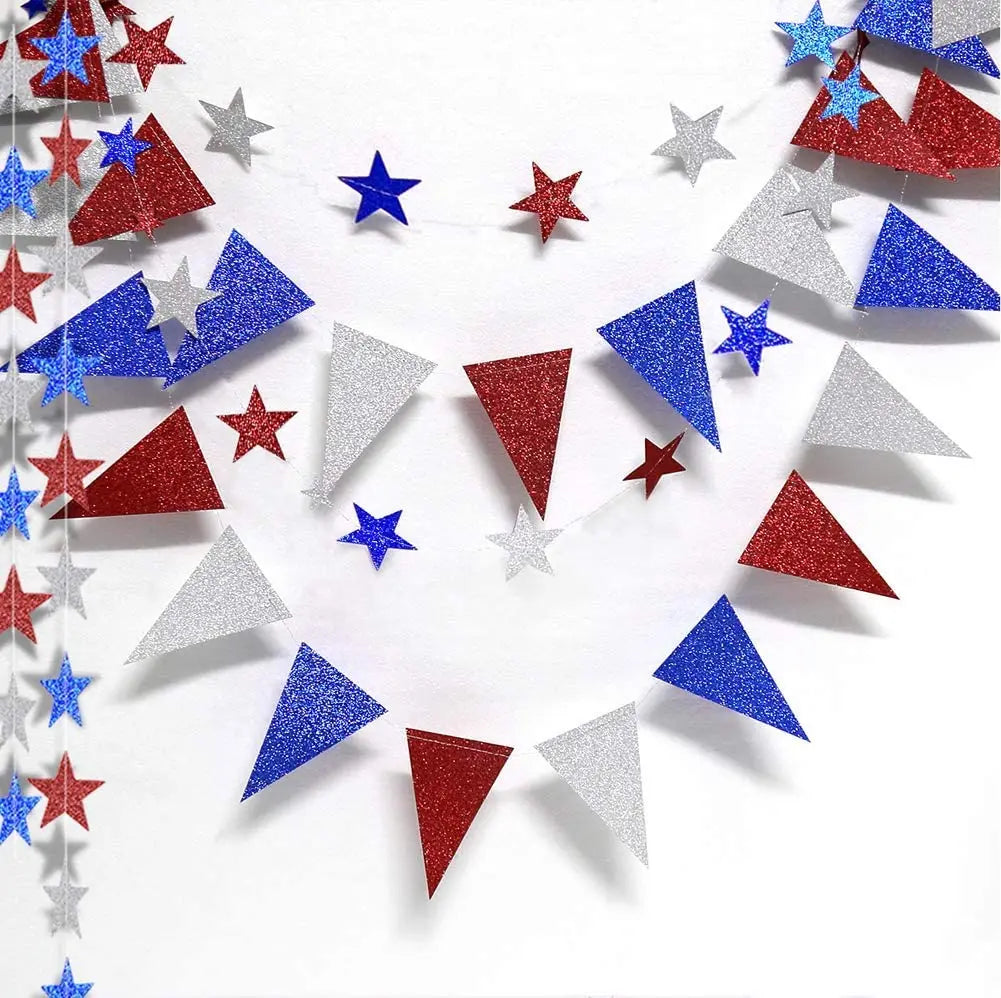 4th Fourth of July Glitter Red Blue Silver White Star Triangle Garland Banner For USA America Independence Day Celebration Decor