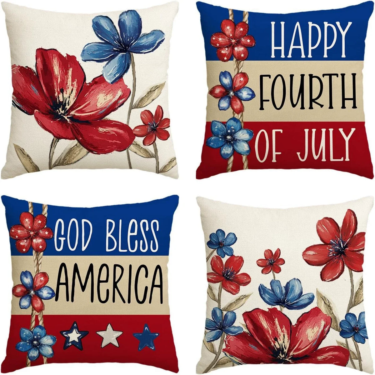 4th of July Pillow Covers 18x18 Set of 4 God Bless America Stars Flower Independence Day Decor Memorial Day Throw Cushion Case