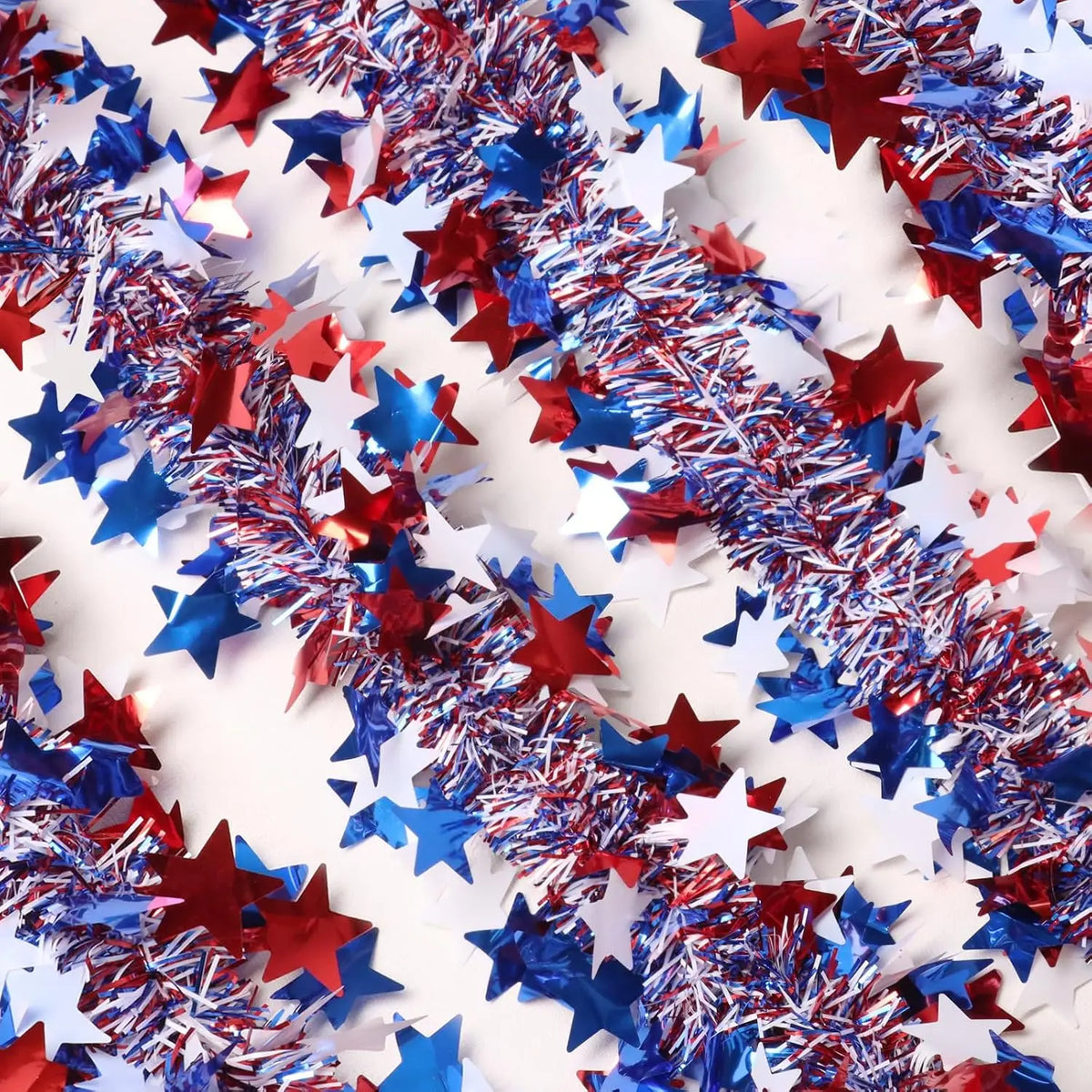 6.5Ft/200cm 4th of July Red White Blue Star Tinsel Garland Memorial Day Patriotic Decoration Independence Day Metallic Decor