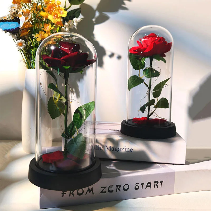 1pc LED Rose in Dome Decorative Lamp Valentine's Day Gifts for Her, Room Decor Artificial Flower with Warm Glow, Red Rose & Gree