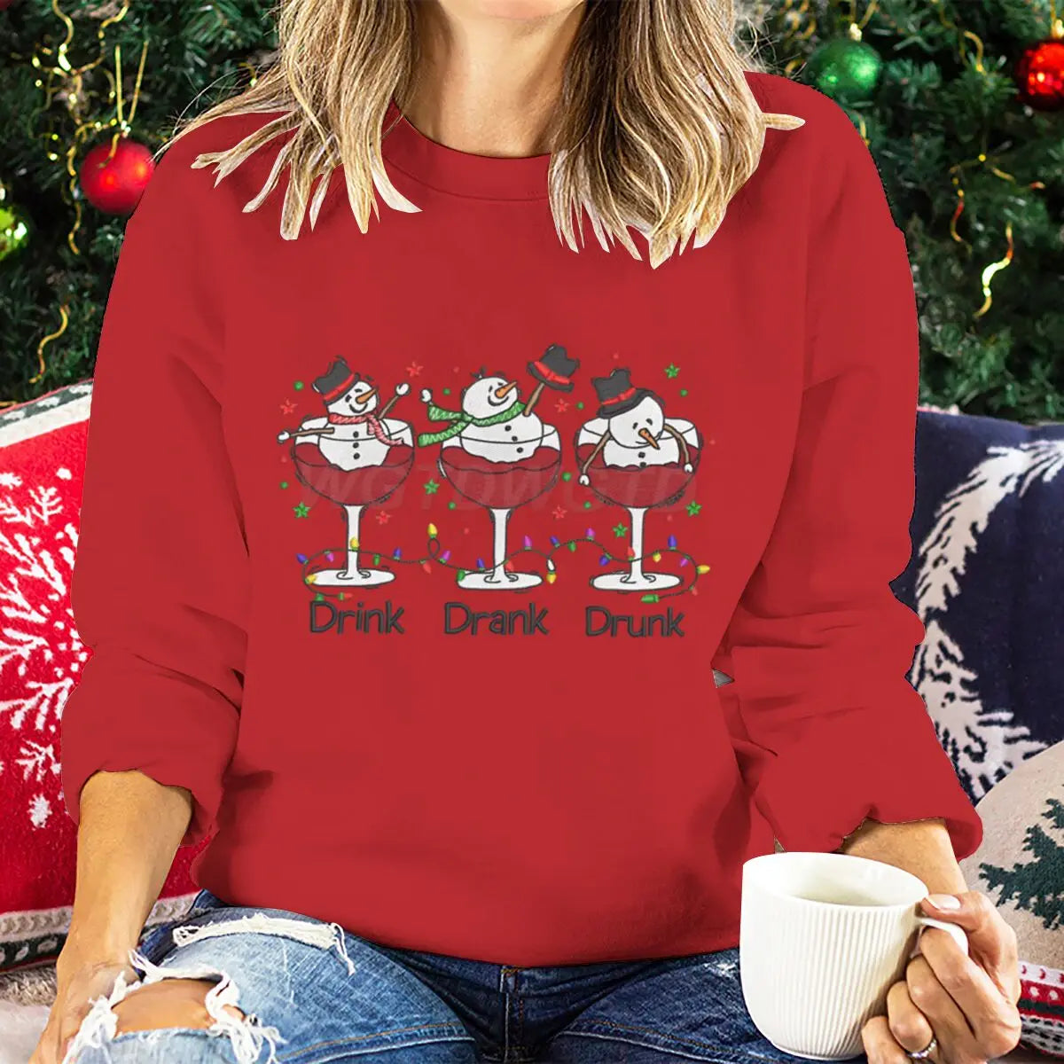 Women Wine Glass Christmas Sweatshirt Jumper Xmas Gifts Cartoon Top Long Sleeves Funny Cute Snowman Harajuku Fashion Sweater