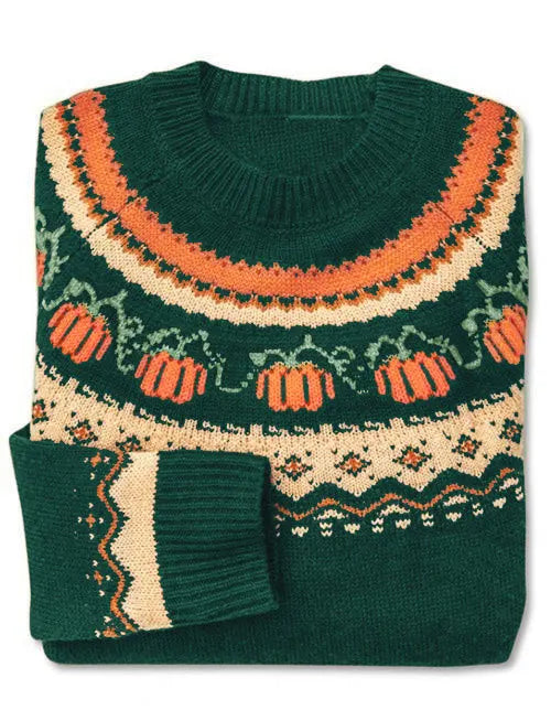 Roupas Femininas Women's Holiday Round Neck Pullover Sweater Halloween Themed Decoration Pumpkin Jacquard Casual Knitted Sweater