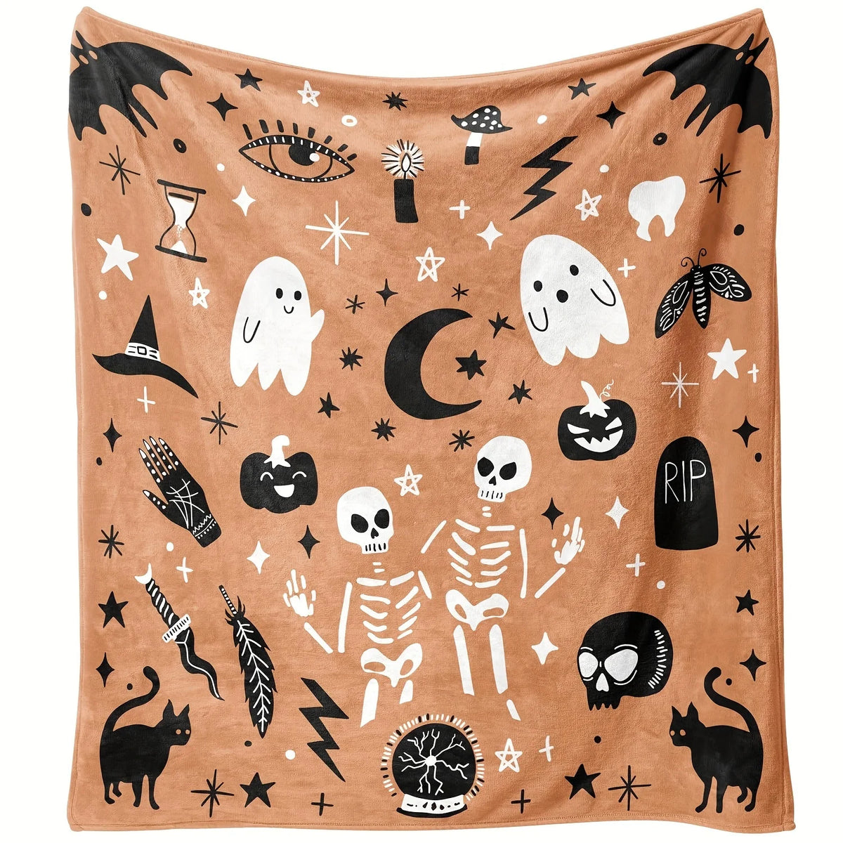 Halloween Throw Blanket - Cute Kawaii Ghosts and Skeletons, Gothic Witchy Pumpkin Motif, Cozy Flannel Fleece for Home