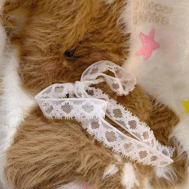 Soft Fuzzy Women Bear Pattern Sweater V Neck Faux Mink Pullover Lace Bow Applique White Cute Oversized Cozy Winter Top