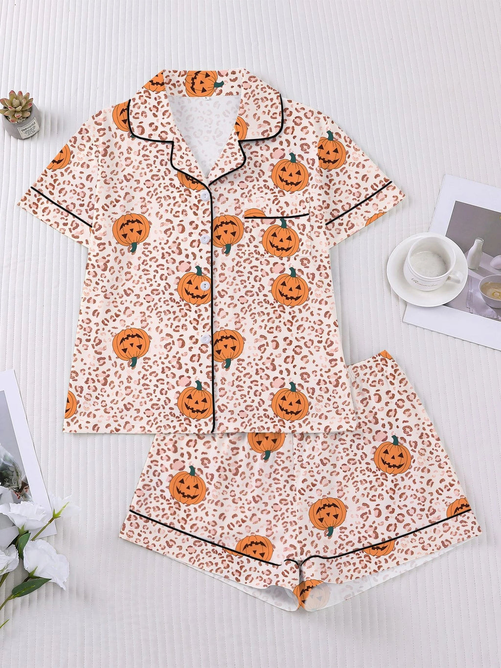 Women's Sleepwear Halloween Print Pajamas Set Collar Short Sleeved Shirt With Shorts Home Suit Set Loungewear Set Pyjama Suit