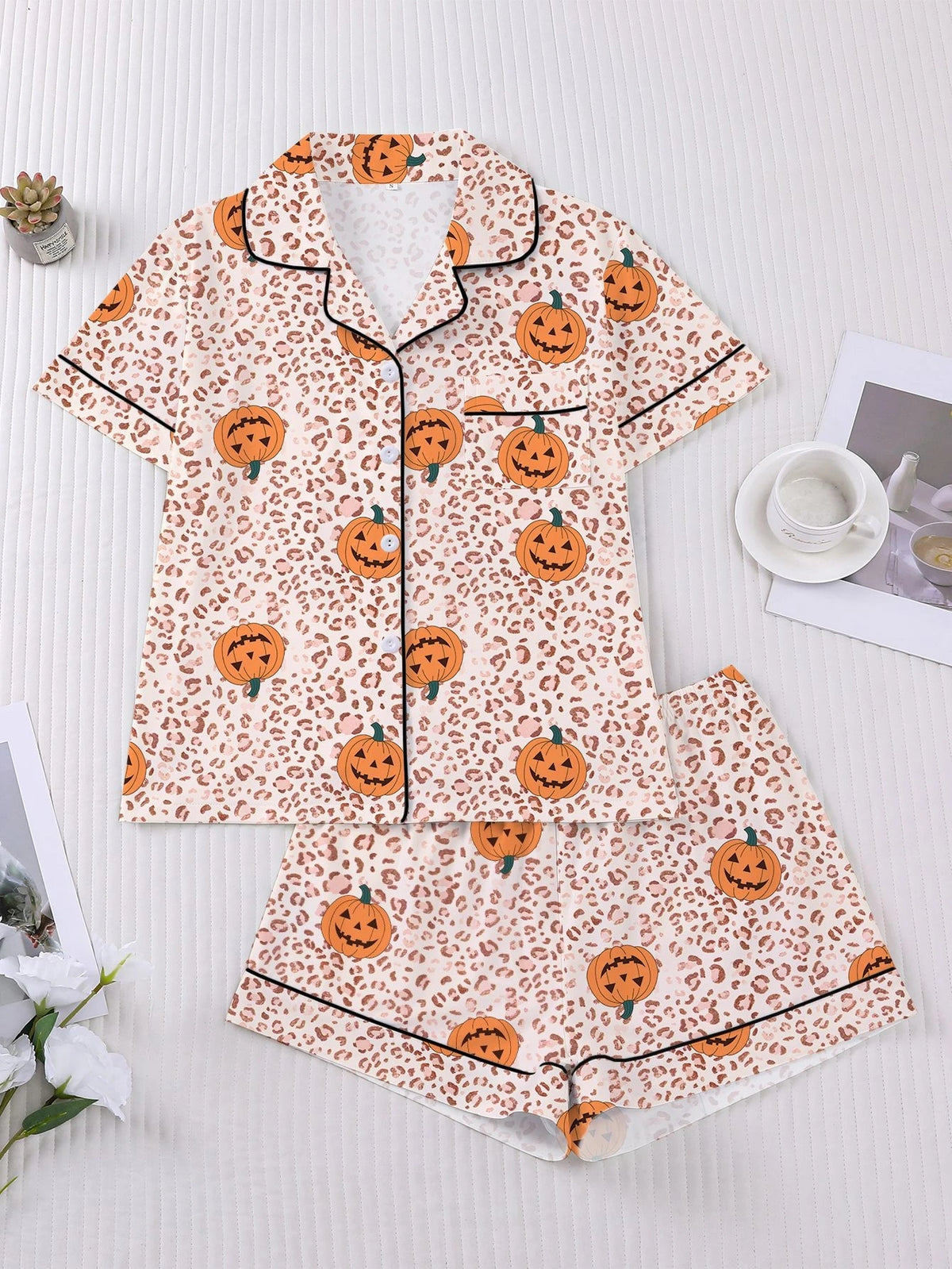 Women's Sleepwear Halloween Print Pajamas Set Collar Short Sleeved Shirt With Shorts Home Suit Set Loungewear Set Pyjama Suit