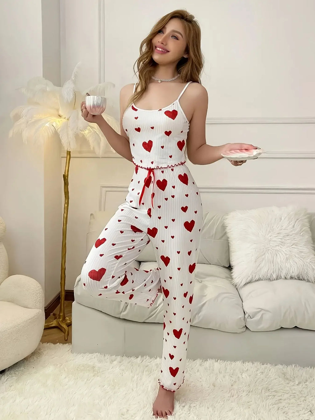 Valentine's Day Gift Heart Print Sleeveless Cami Tops with Long Trouser 2 Pieces Pajamas Set for Women Sleepwear Loungewear