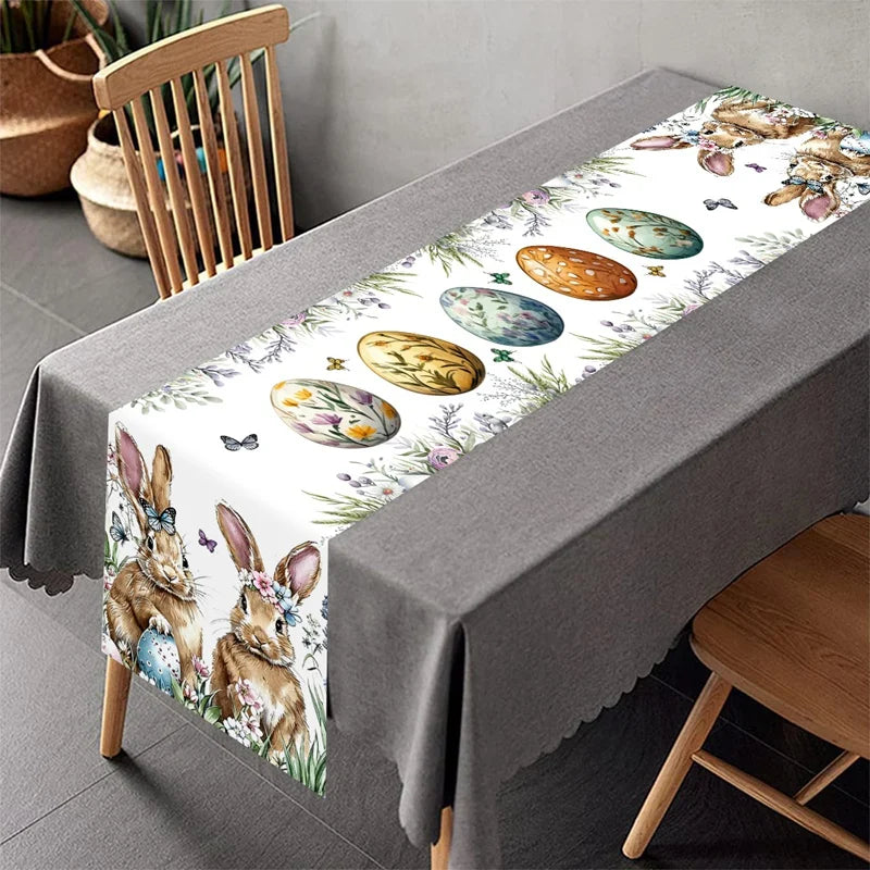 Easter Bunny Table Runner Rabbit Eggs Flower Table Cover Spring Holiday Easter Decorations For Home Kitchen Dining Table Decor