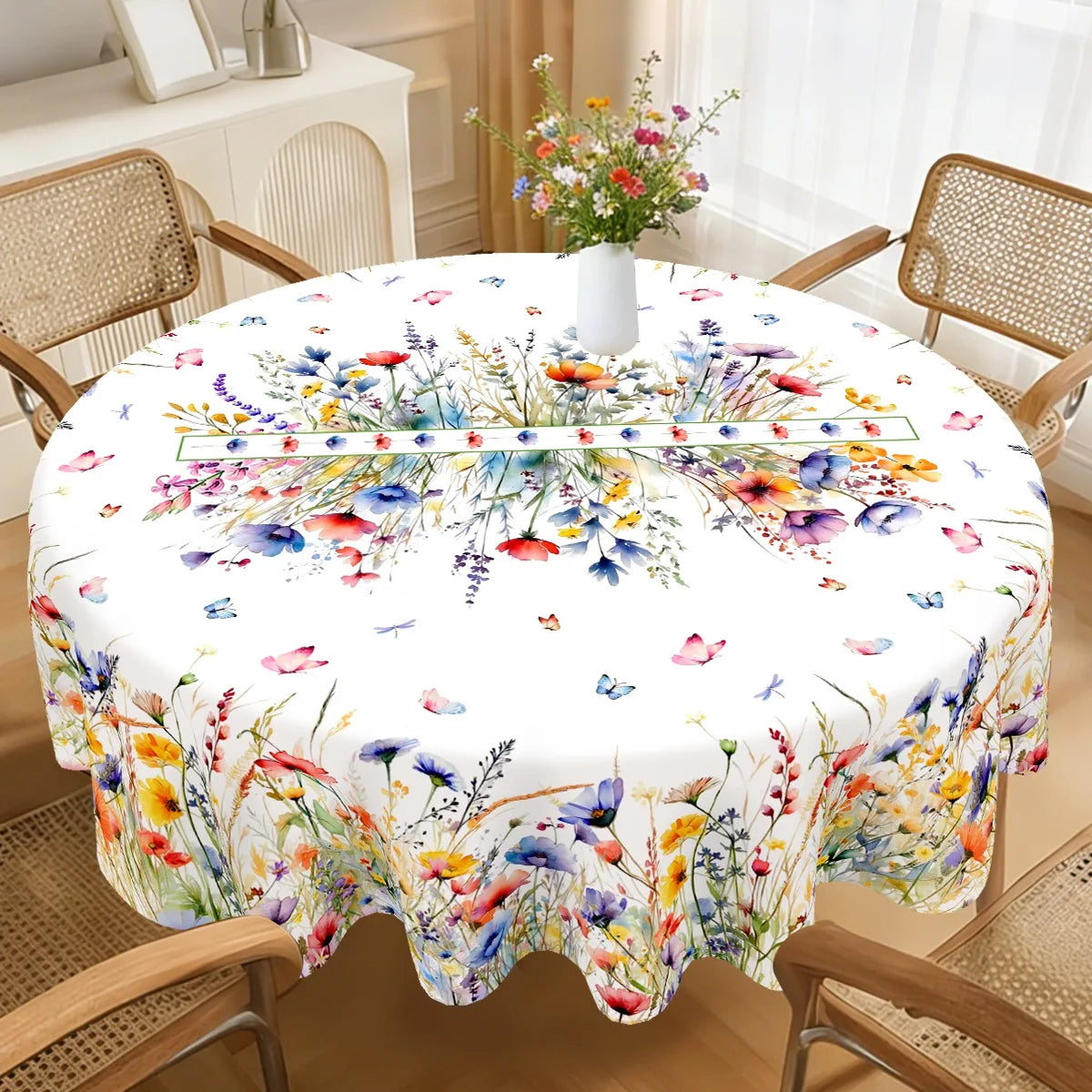 Spring Wildflower Tablecloth Floral Round Table Cover Polyester Table Decor for Easter Birthday Wedding Party Supplies