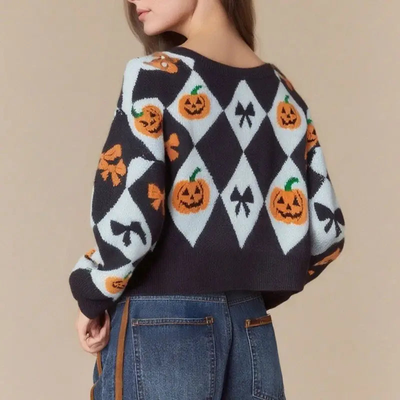 Combhasaki Women Halloween Knitted Sweater Jumpers Round Neck Long Sleeve Pumpkin Bowknot Print Cropped Knitwear Pullover Tops