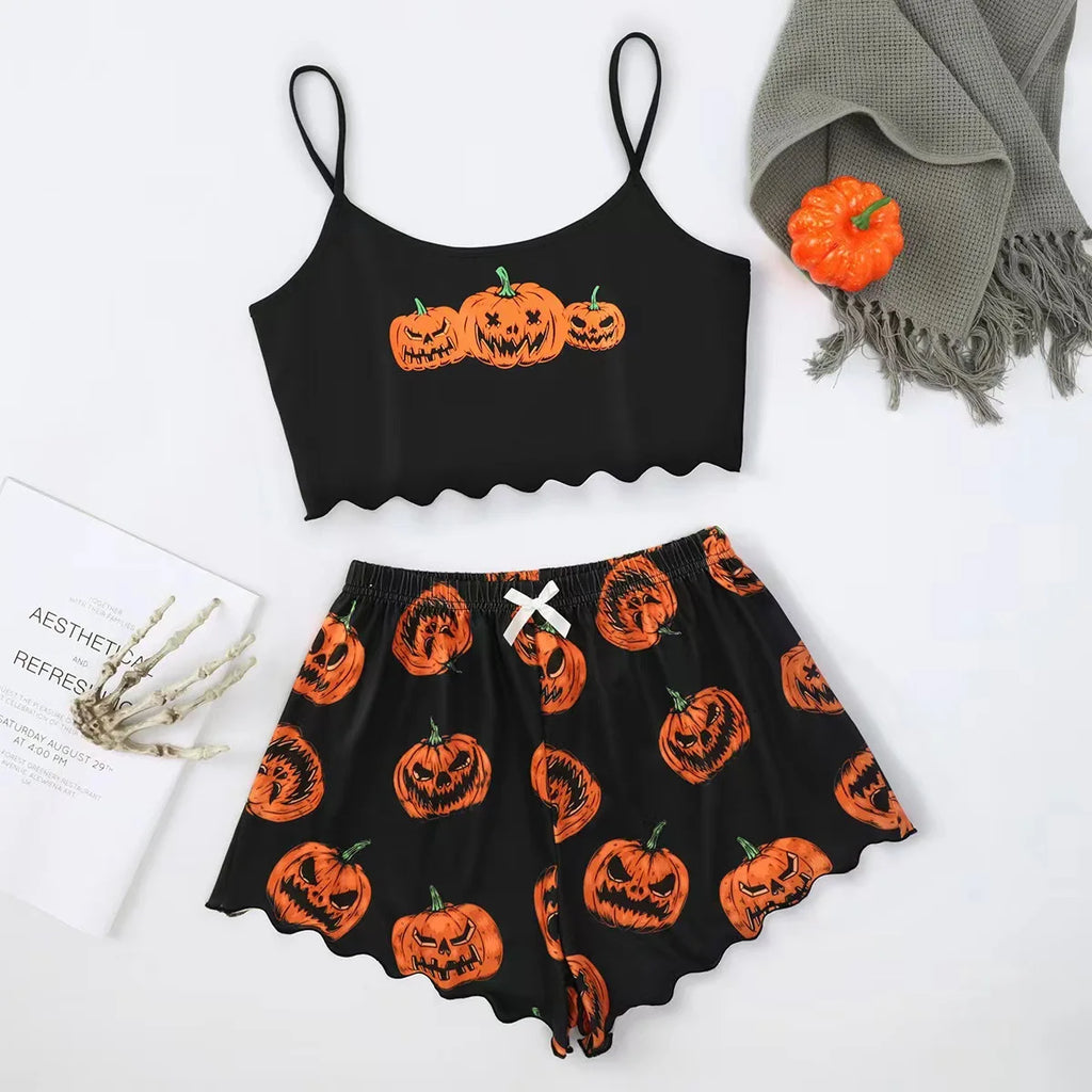 Halloween Pajamas Set Women Sleepwear Devil Pumpkin Print Short Sleeve Tops and Shorts Set Home Clothes Nightwear