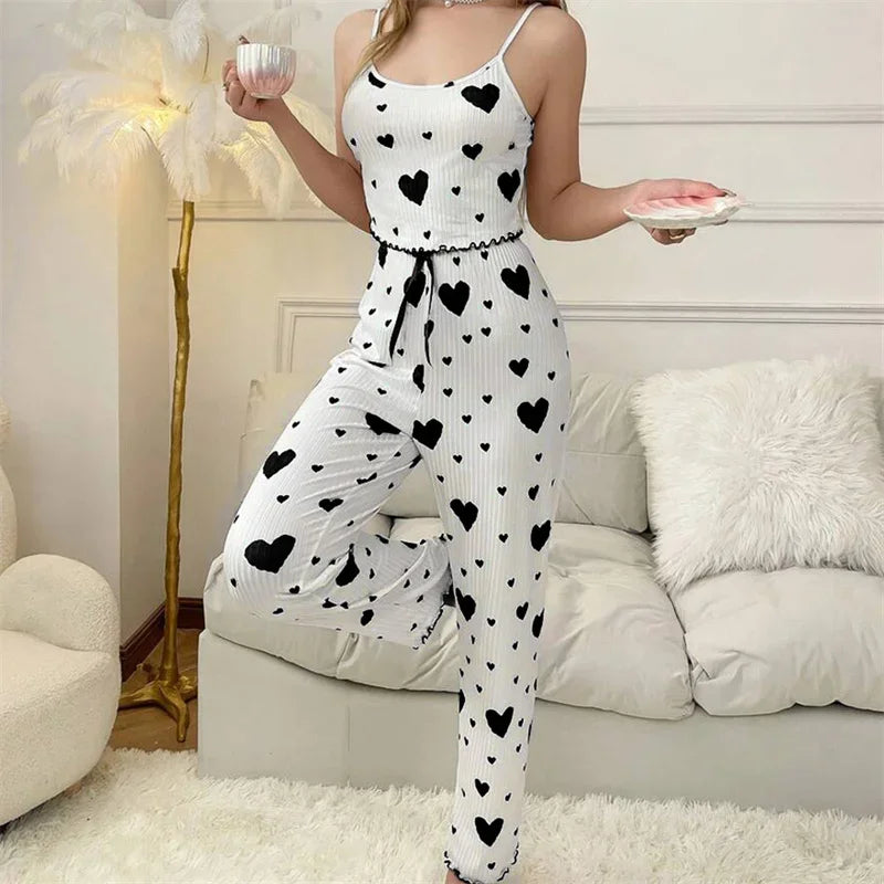 Valentine's Day Gift Heart Print Sleeveless Cami Tops with Long Trouser 2 Pieces Pajamas Set for Women Sleepwear Loungewear