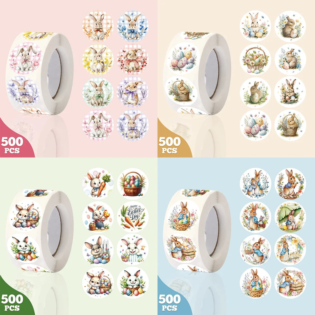 500pcs Easter Rabbits Round Stickers Cartoon Bunny Easter Egg Stickers Label Easter Party Envelope Gift Seal Sticker Label Decal