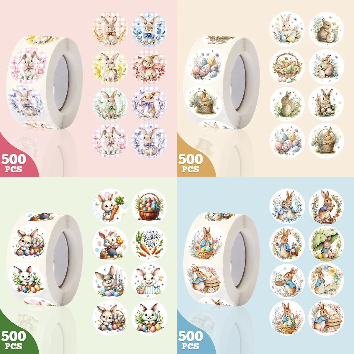 500pcs Easter Rabbits Round Stickers Cartoon Bunny Easter Egg Stickers Label Easter Party Envelope Gift Seal Sticker Label Decal