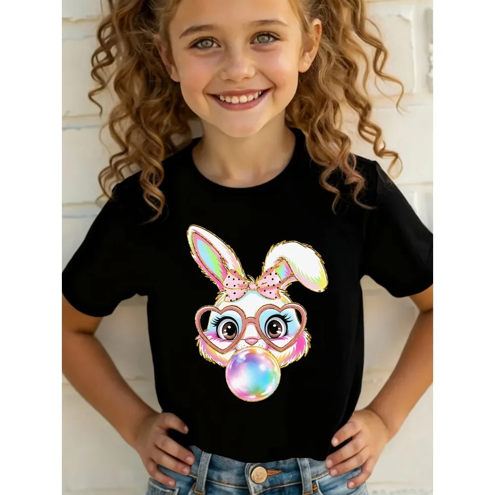 Summer EASTER Cute Bow Rabbit Print Children's Cotton Tshirt Casual Trendy Girls Short Sleeved Shirts Fashion Kids Clothes Tees