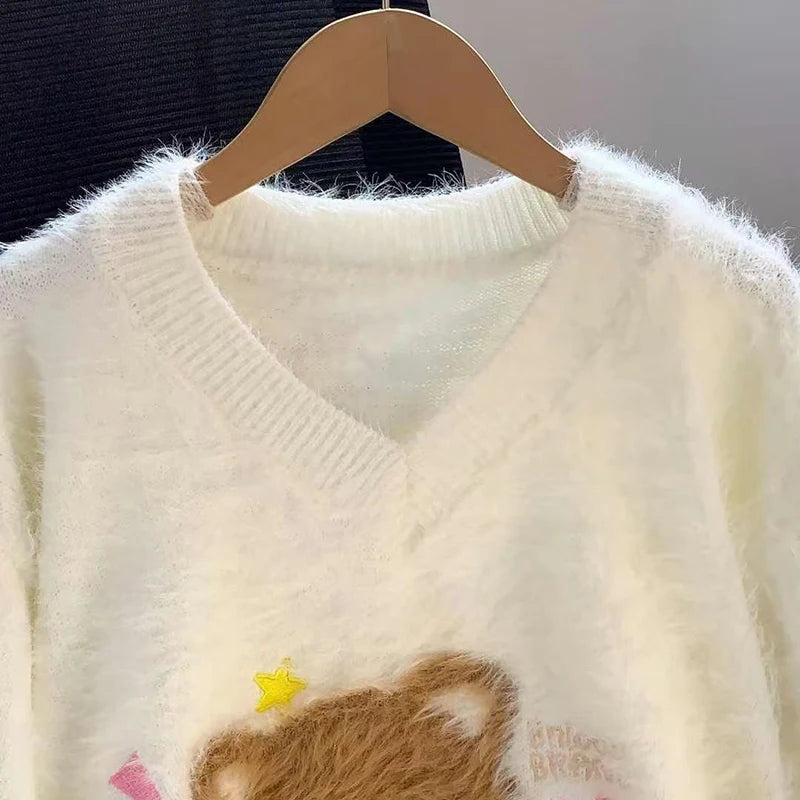 Soft Fuzzy Women Bear Pattern Sweater V Neck Faux Mink Pullover Lace Bow Applique White Cute Oversized Cozy Winter Top