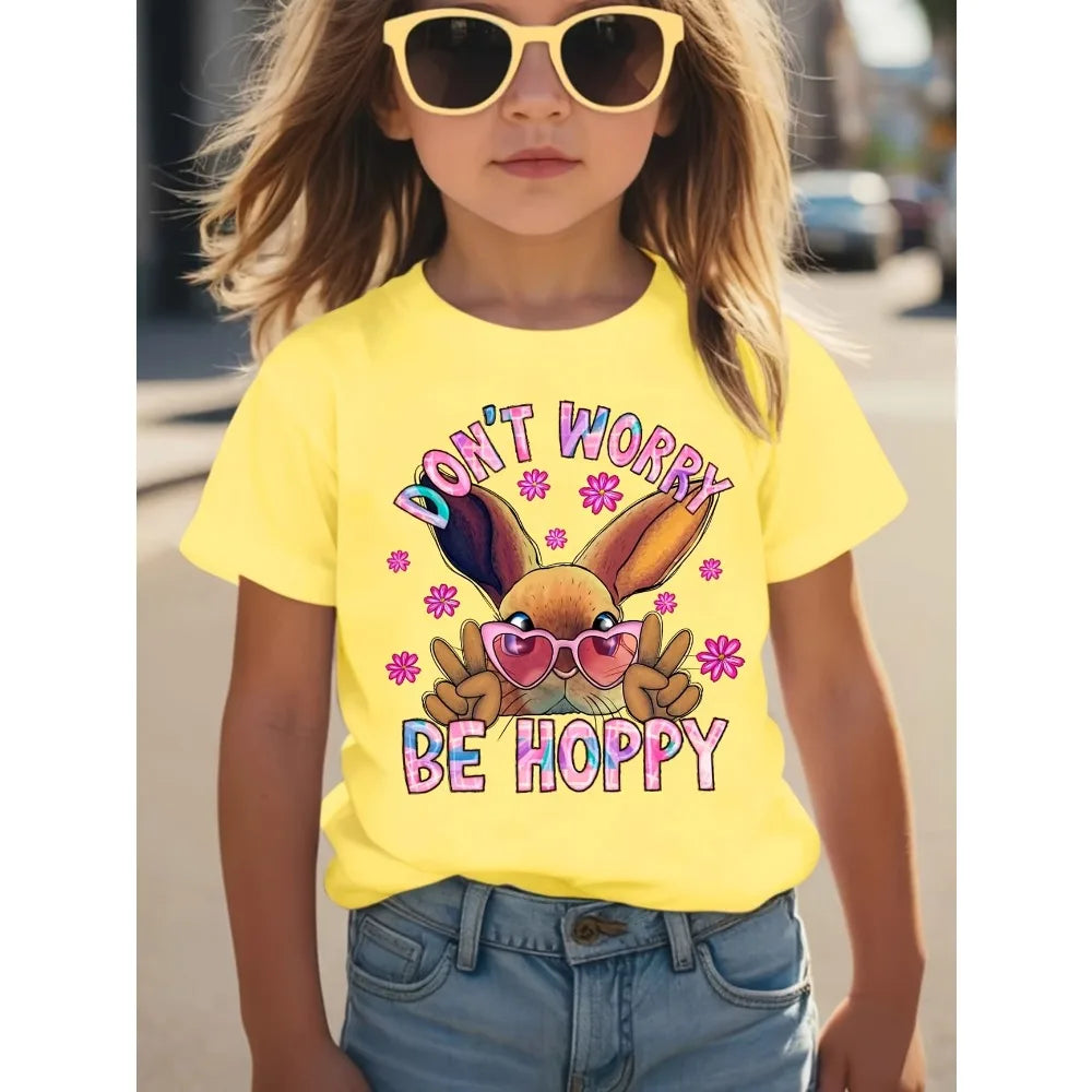 Summer EASTER Cute Bow Rabbit Print Children's Cotton Tshirt Casual Trendy Girls Short Sleeved Shirts Fashion Kids Clothes Tees