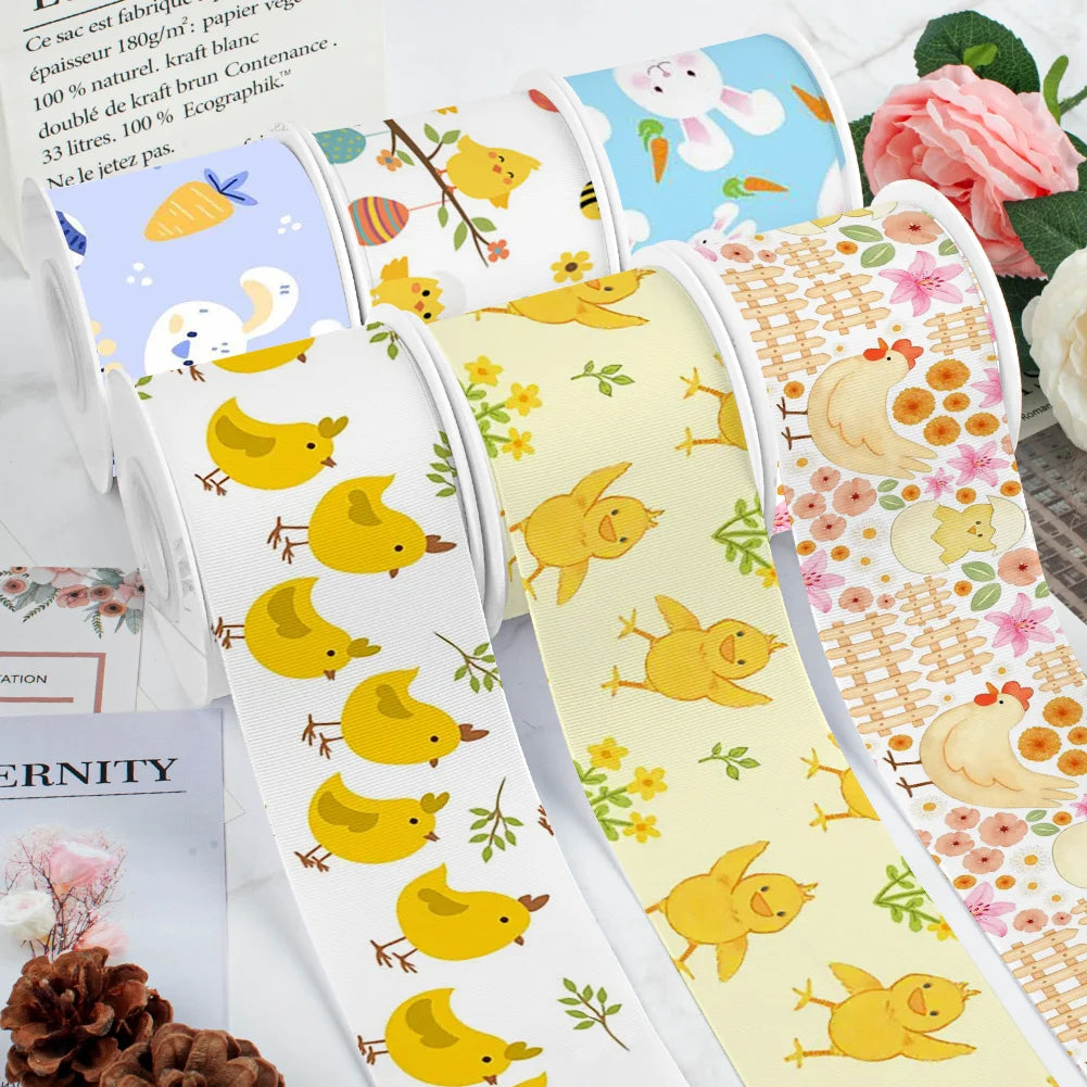 Spring Rabbit Easter Day Chick Cartoon Printed Grosgrain Satin Ribbon for Gift Wrapping Hair Bow Craft Accessory
