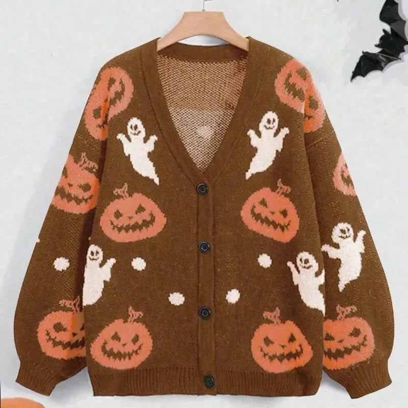 V Neck Cardigan Sweater Length Pumpkin Print Chunky Striped Loose Coat For Women Halloween Casual Autumn Outerwear