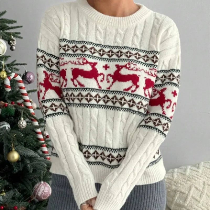 Women Fashion Christmas Reindeer Cable Knit Sweater Winter O-neck Long Sleeve Retro Pullover Casual Holiday Jumper Top