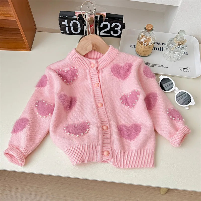 Girls Spring and Autumn New Korean Style Sweet Casual Heart-shaped Sweater Cardigan