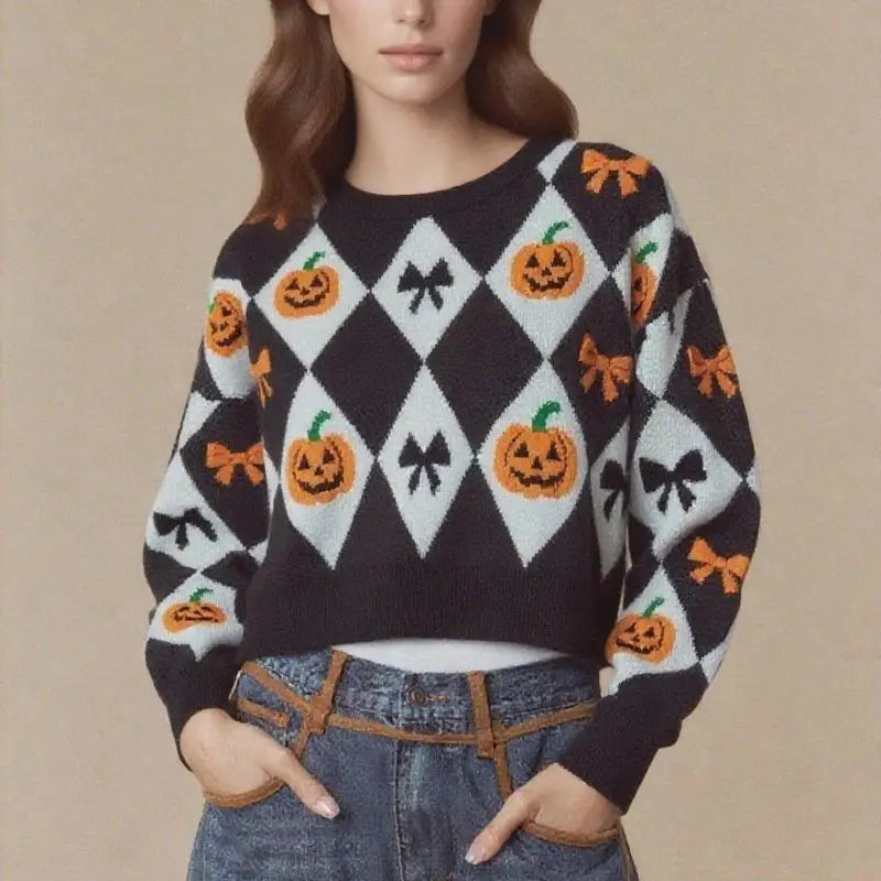 Combhasaki Women Halloween Knitted Sweater Jumpers Round Neck Long Sleeve Pumpkin Bowknot Print Cropped Knitwear Pullover Tops