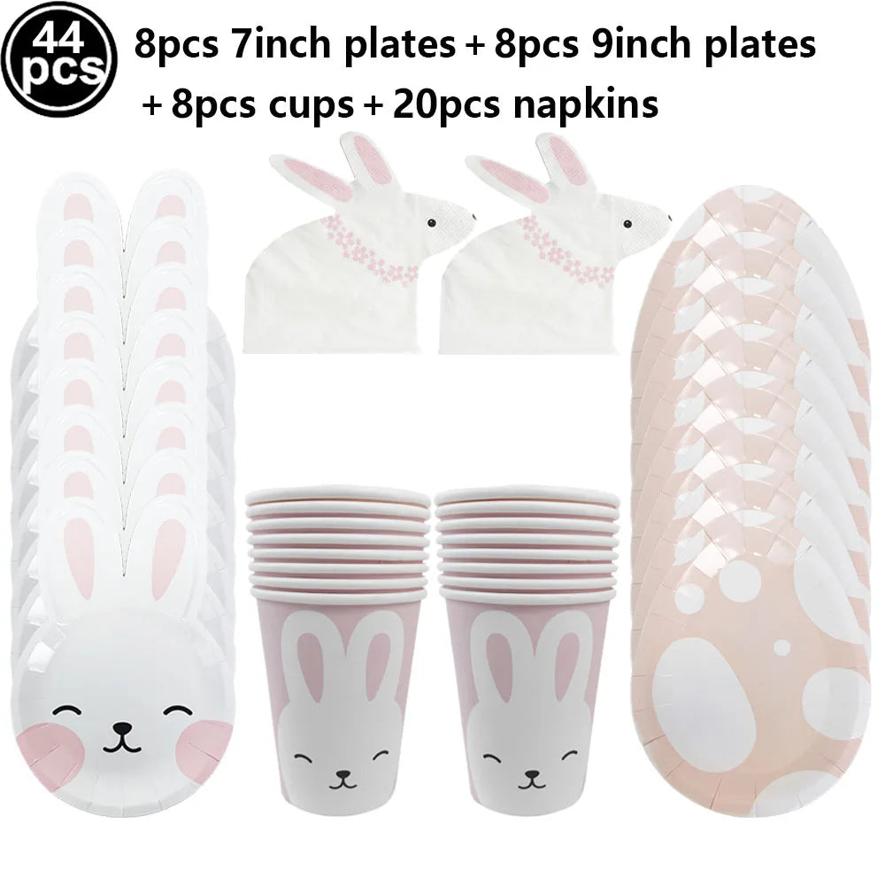 Easter Theme Disposable Tableware Cute Cartoon Bunny Rabbit Pattern Paper Plates Cups Napkins Kids Favor Easter Party Decoration