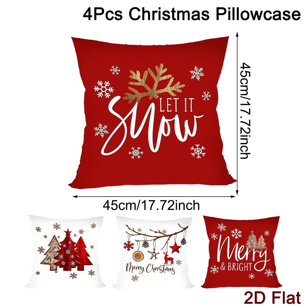4pcs Merry Christmas 2D Flat Pillowcase Santa Claus Printed Polyester Pillow Cover Family Living Room Sofa Xmas Party Decor