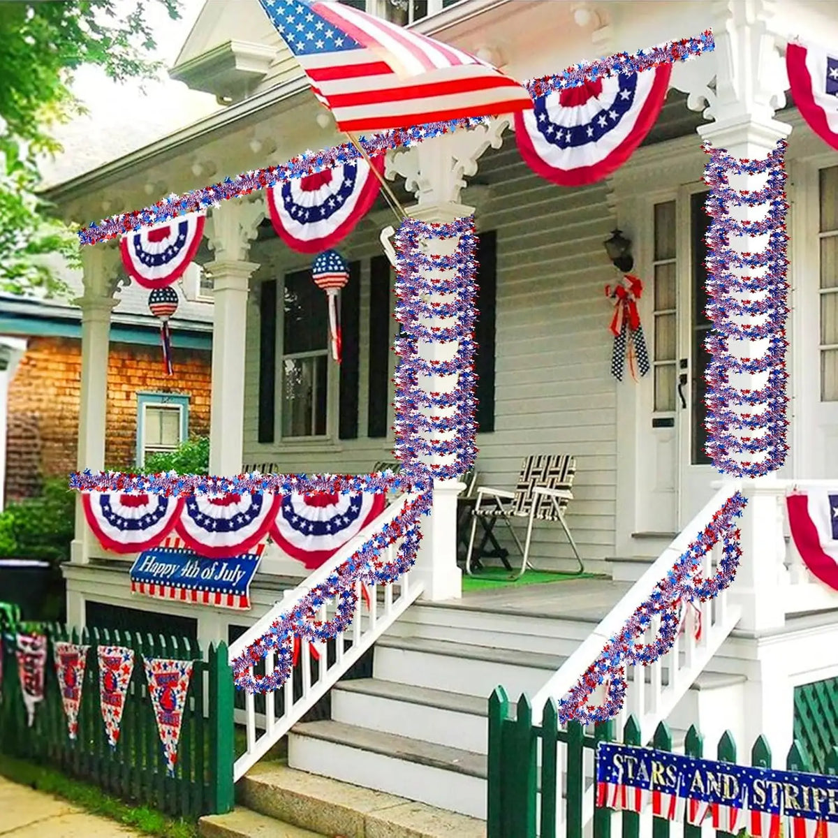 6.5Ft/200cm 4th of July Red White Blue Star Tinsel Garland Memorial Day Patriotic Decoration Independence Day Metallic Decor