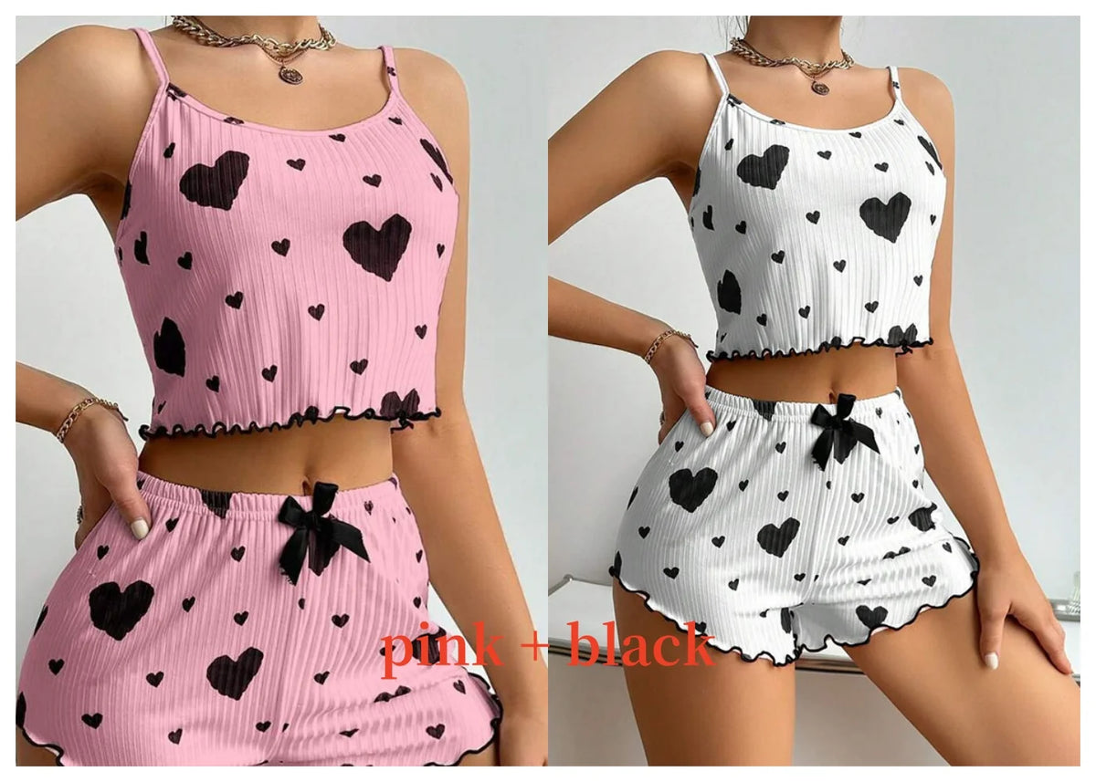Women's Pajamas Set Sleepwear 2 PCS Short Tank Tops And Shorts S M L White Ventilate Soft Casual Love Printing