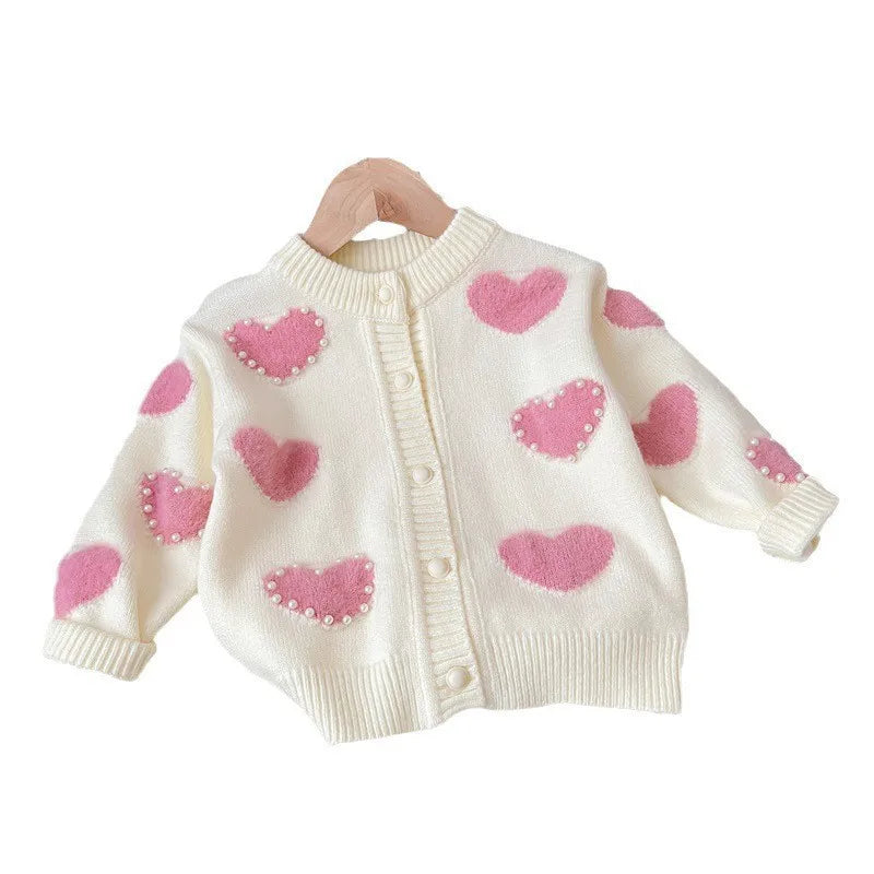Girls Spring and Autumn New Korean Style Sweet Casual Heart-shaped Sweater Cardigan