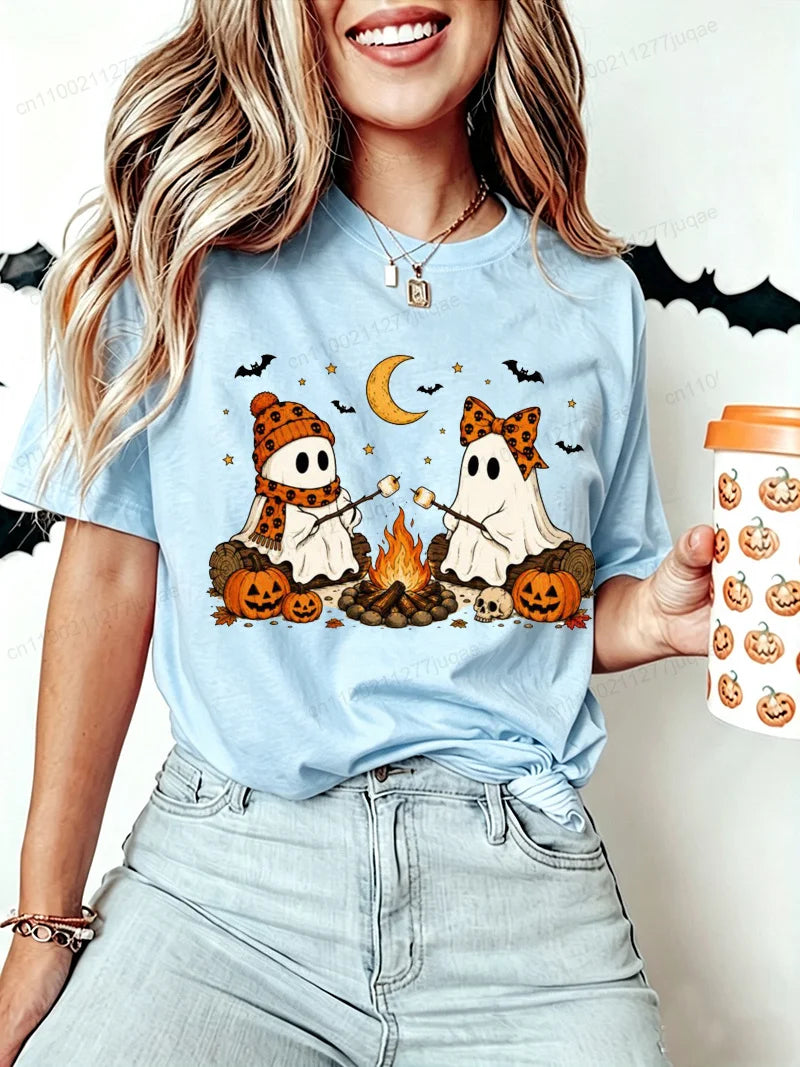 Women Halloween-Cute-Ghost-Camping-Fall Graphic T Shirt Casual Short Sleeve Tee Top Holiday T-shirt Women Fashion Daily Outfits