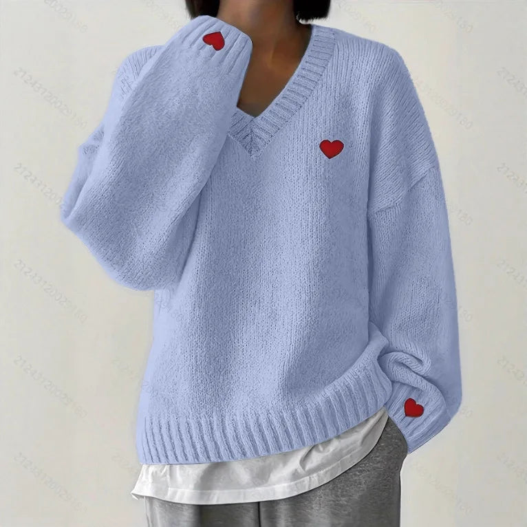 Heart Embroidery Sweater Women's V Neck Oversized Pullover Romantic Casual Top