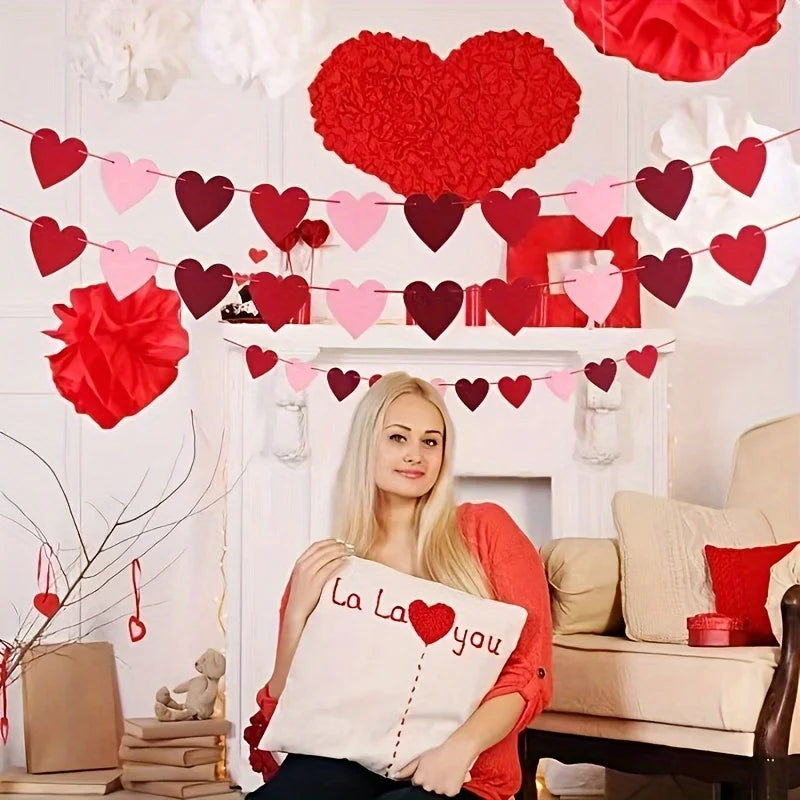 Felt Heart Garland Banner Valentines Decorations Red Pink White Heart Shaped Anniversary Wedding Birthday Party Decorations