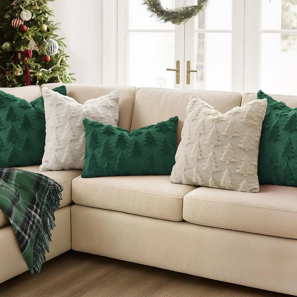 Christmas Throw Pillow Covers Set of 2 Xmas Tree 18x18 Pillow Covers Soft Plush Faux Wool Pillowcases Festival Winter Home Decor