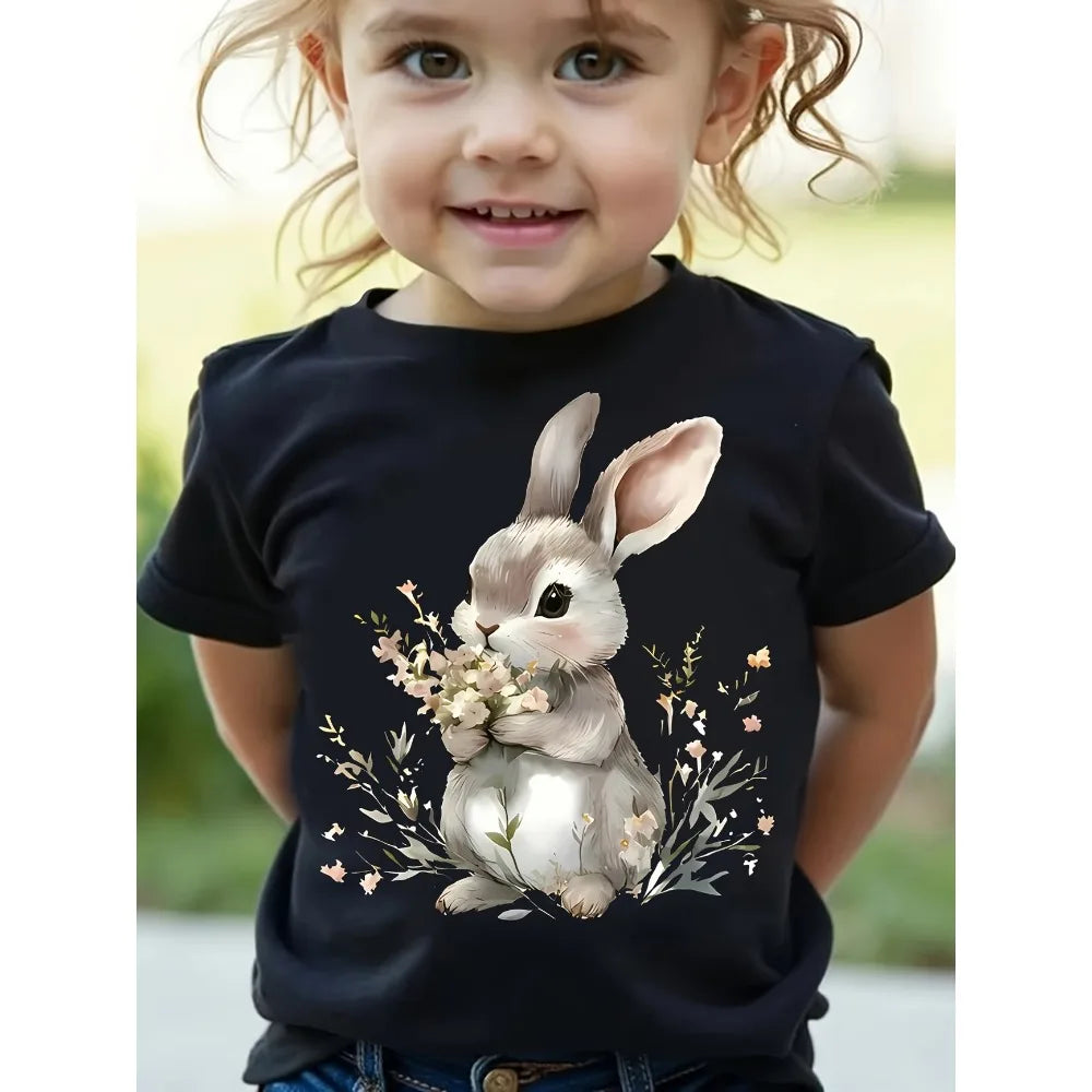Summer EASTER Cute Bow Rabbit Print Children's Cotton Tshirt Casual Trendy Girls Short Sleeved Shirts Fashion Kids Clothes Tees
