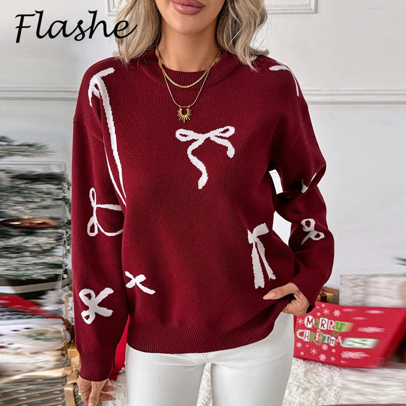Christmas Sweater Women Casual O Neck Long Sleeve Printed Knitted Sweaters For Women Autumn Winter Jumper Red