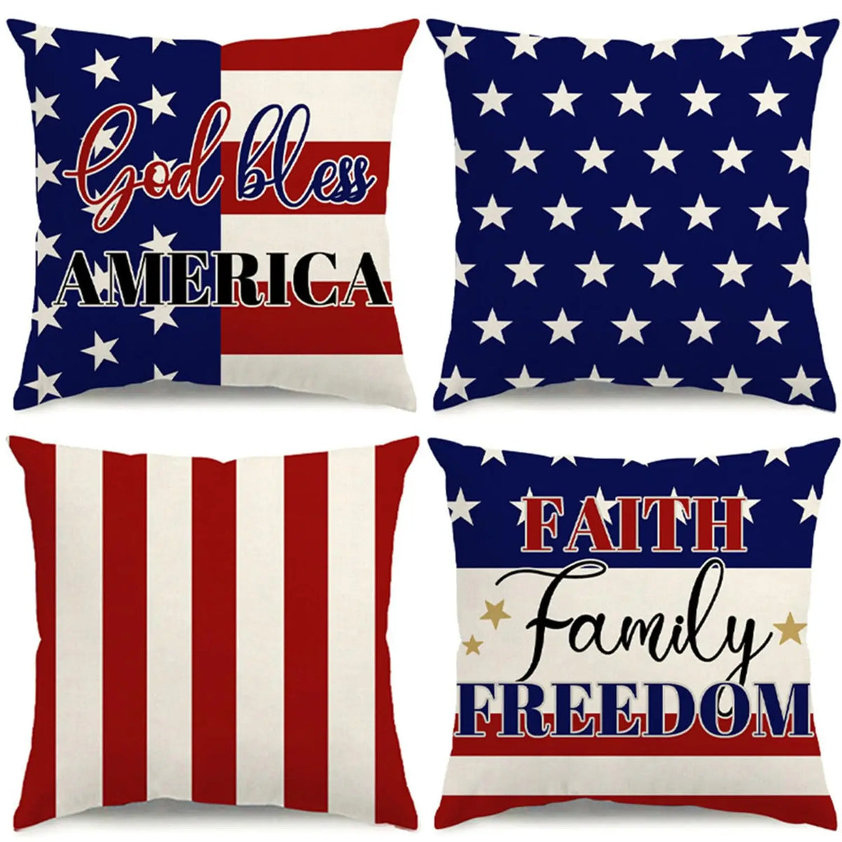 4th of July Pillow Covers 18x18 Set of 4 God Bless America Stars Flower Independence Day Decor Memorial Day Throw Cushion Case