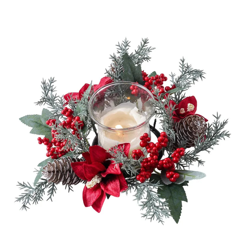 Christmas Candle Wreath Dining Table Decors Classic Red Berries Pinecone Centerpiece Garland Multifunctional Candle Holder 2025