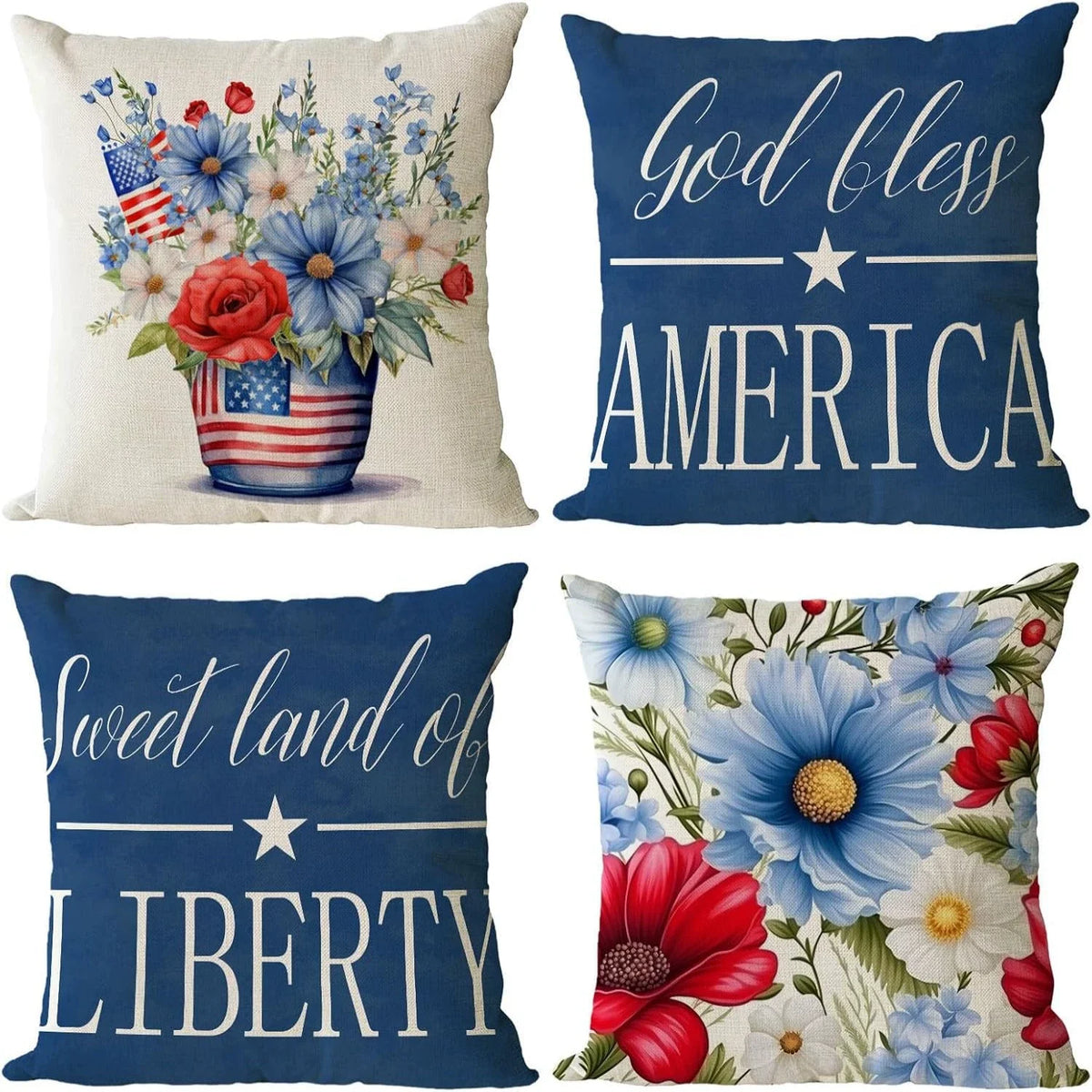 4th of July Pillow Covers 18x18 Set of 4 God Bless America Stars Flower Independence Day Decor Memorial Day Throw Cushion Case
