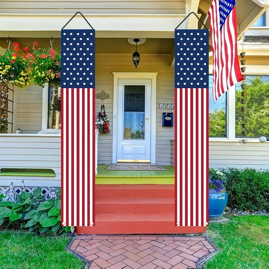 2Pcs 4th of July Patriotic Door Banners USA Flag Porch Signs for Independence Day Party Decorations Front Door Hanging Decor