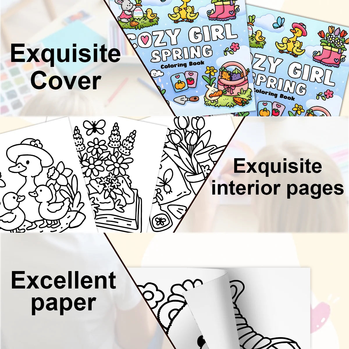 Anti-Stress Spring Coloring Book for Adults Cozy Girl Kawaii Easter Floral Scenes Relaxation Art Therapy Book
