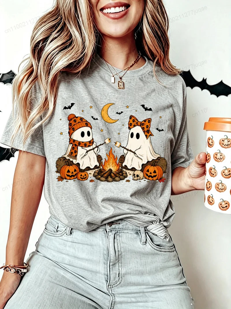 Women Halloween-Cute-Ghost-Camping-Fall Graphic T Shirt Casual Short Sleeve Tee Top Holiday T-shirt Women Fashion Daily Outfits