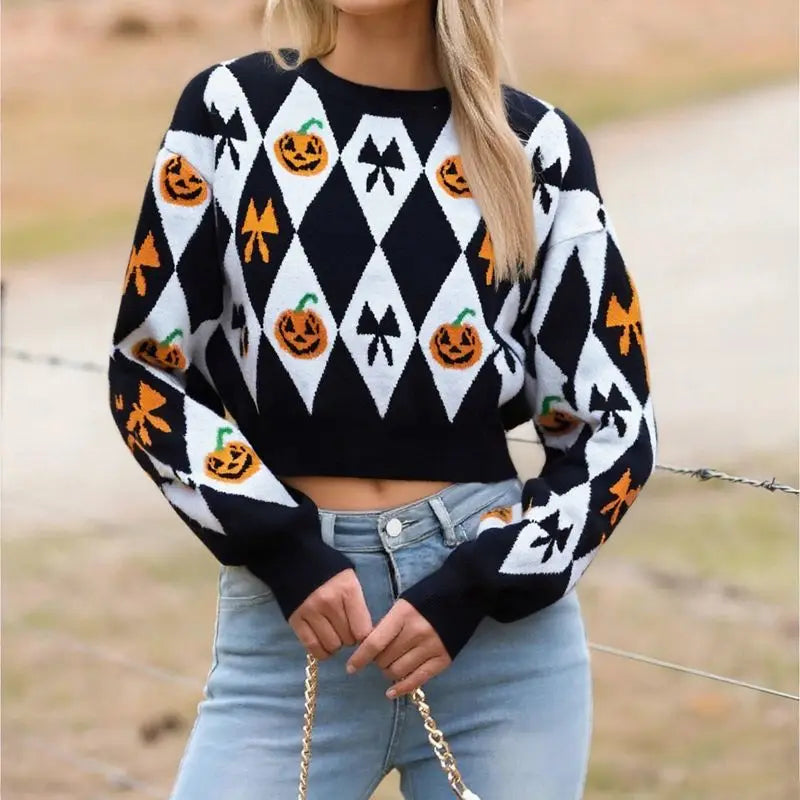 Combhasaki Women Halloween Knitted Sweater Jumpers Round Neck Long Sleeve Pumpkin Bowknot Print Cropped Knitwear Pullover Tops