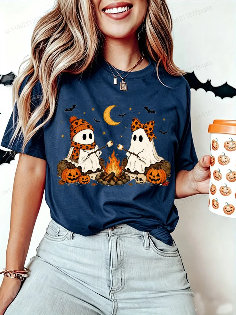 Women Halloween-Cute-Ghost-Camping-Fall Graphic T Shirt Casual Short Sleeve Tee Top Holiday T-shirt Women Fashion Daily Outfits